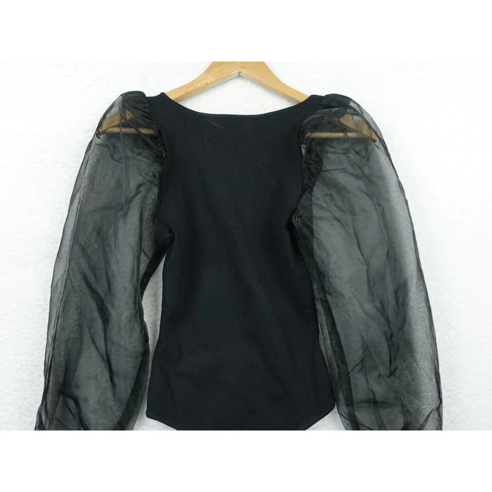 Astr Black Sheer Puff Sleeve Bodysuit